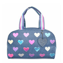 Load image into Gallery viewer, Metallic Heart-Patched Denim Medium Duffle Bag