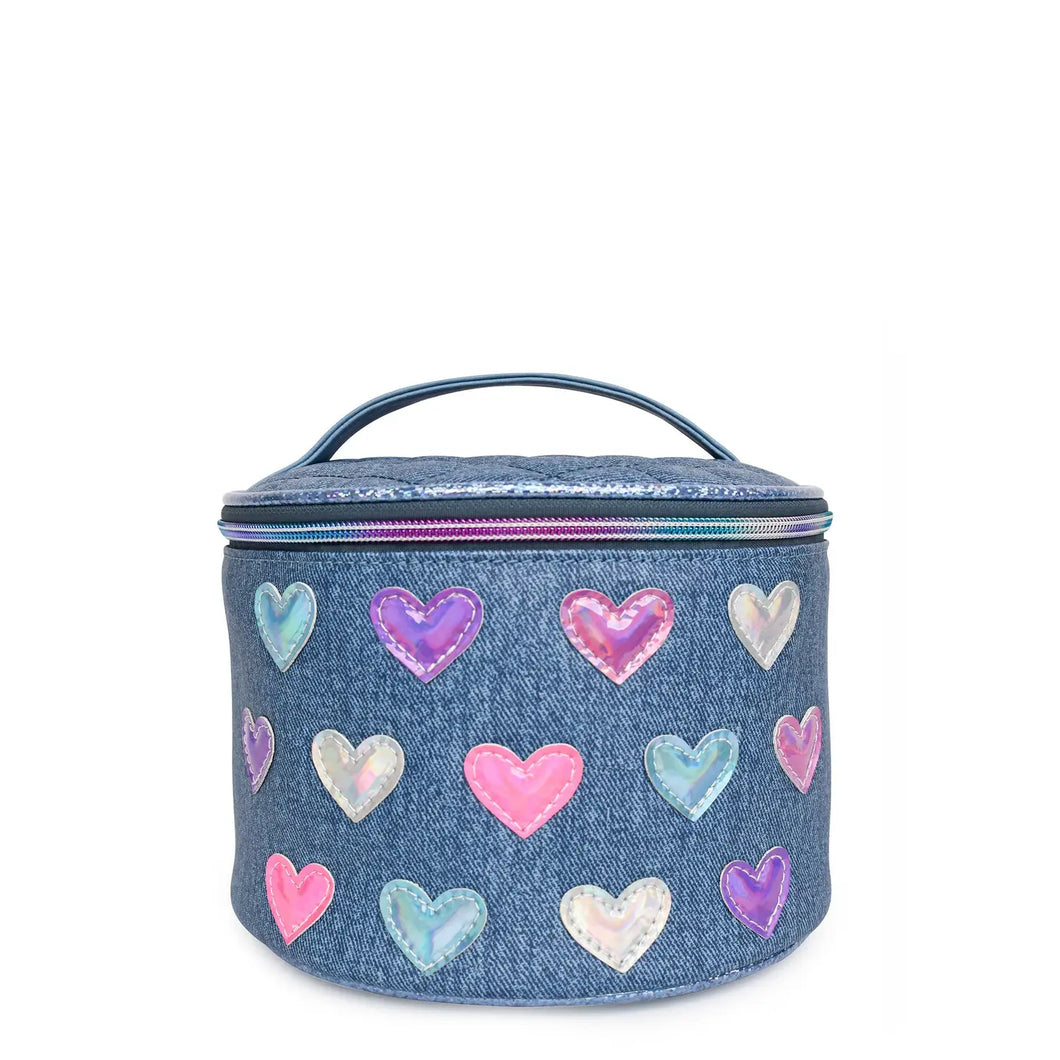 Metallic Heart-Patched Denim Round Glam Bag